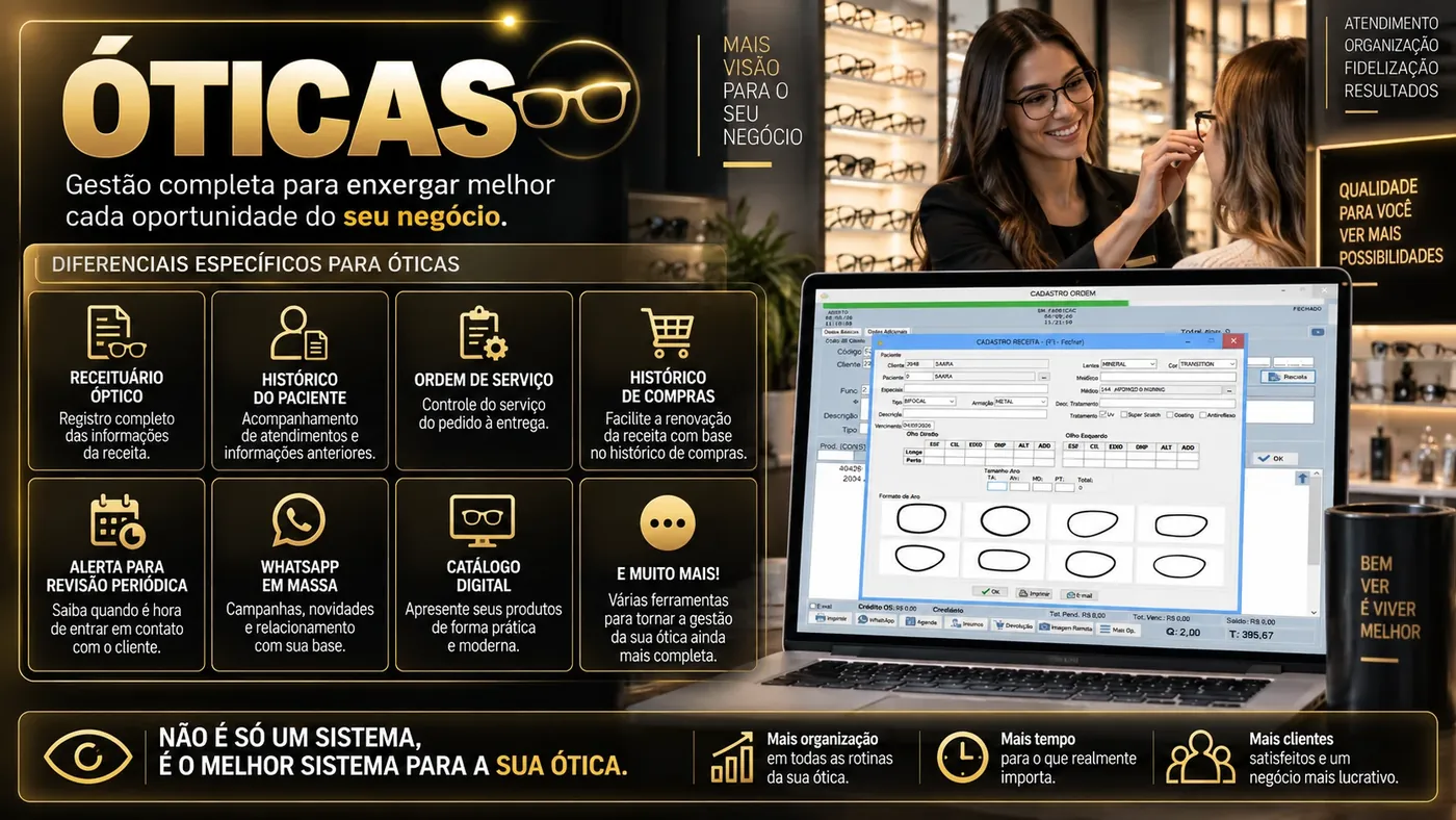 Sistema DINTEC para óticas: receituário óptico, histórico do paciente, ordem de serviço, alerta de revisão e catálogo digital