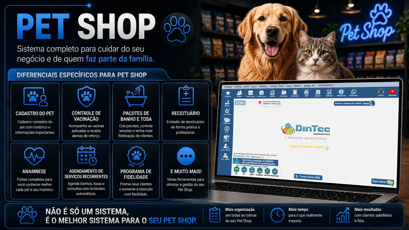 Sistema DINTEC para pet shop: cadastro do pet, controle de vacinação, pacotes de banho e tosa, receituário e fidelidade