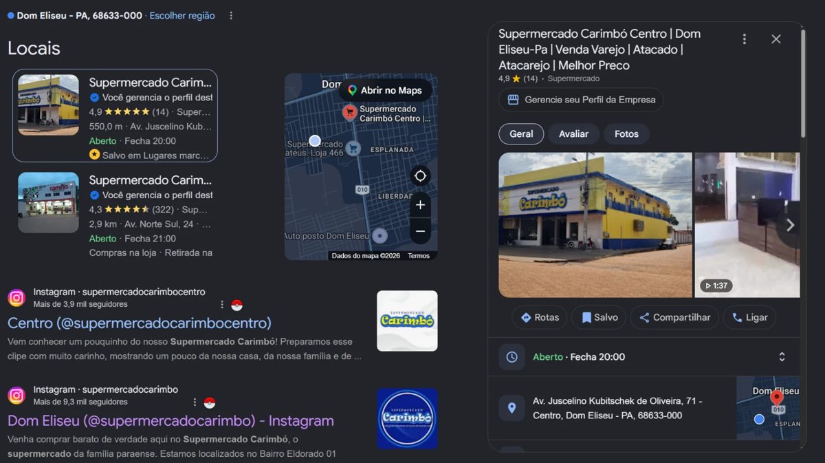 Perfil no Google Maps e busca - Supermercado Carimbó Centro